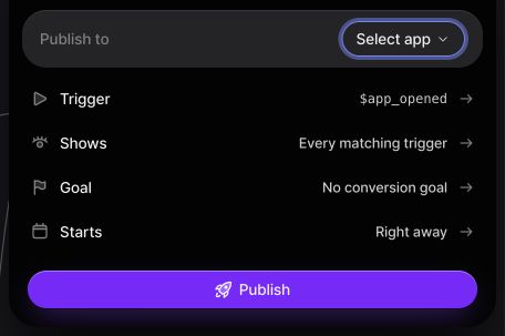 Nuxie publish panel with app selection and Trigger, Shows, Goal, and Starts settings.